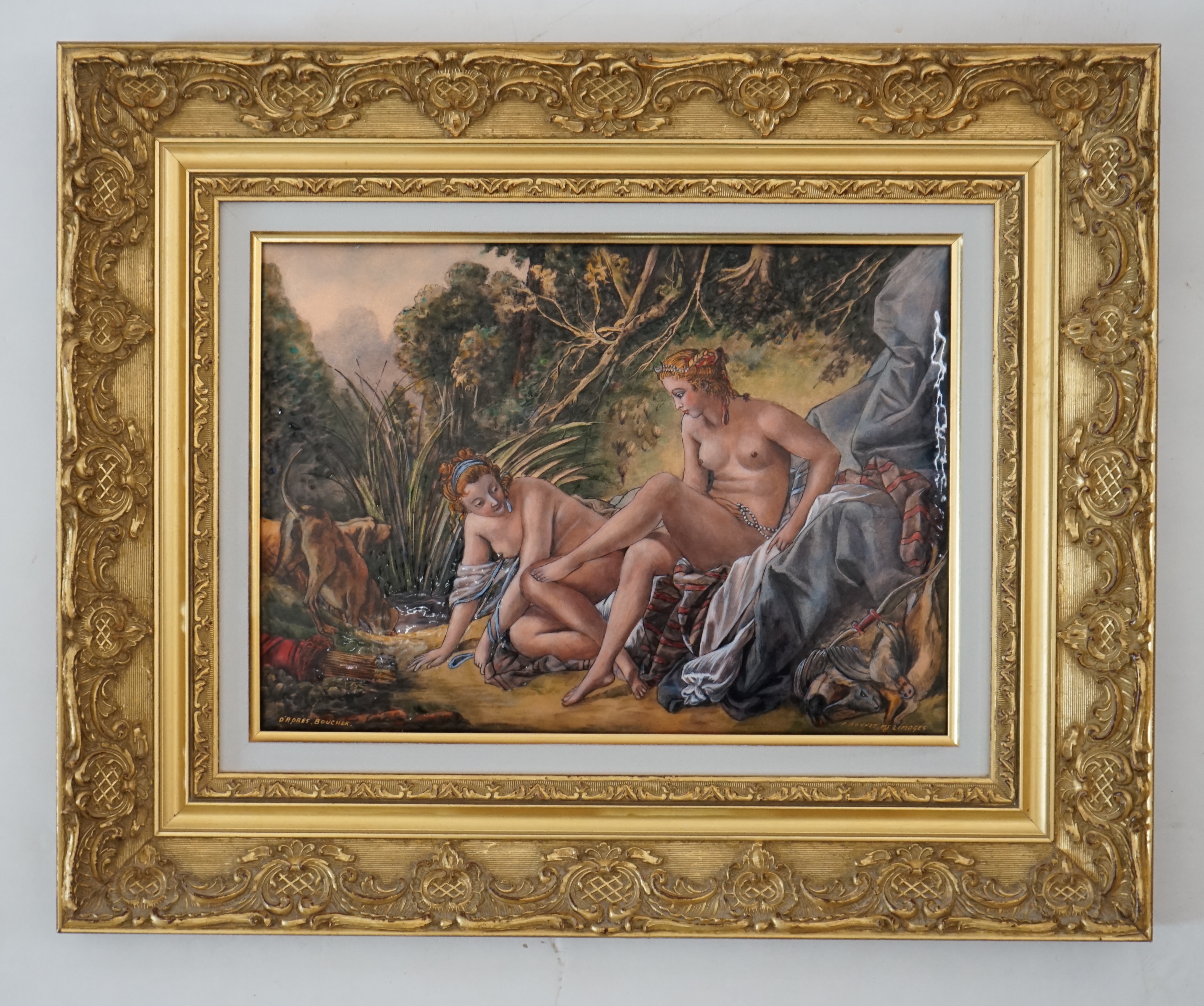 Pierre-Henri Bonnet after Boucher, a Limoges enamel plaque depicting Diana bathing with attendants, signed with maker's labels verso, 24.5 x 34.5cm, in original gilt frame. Condition - very good